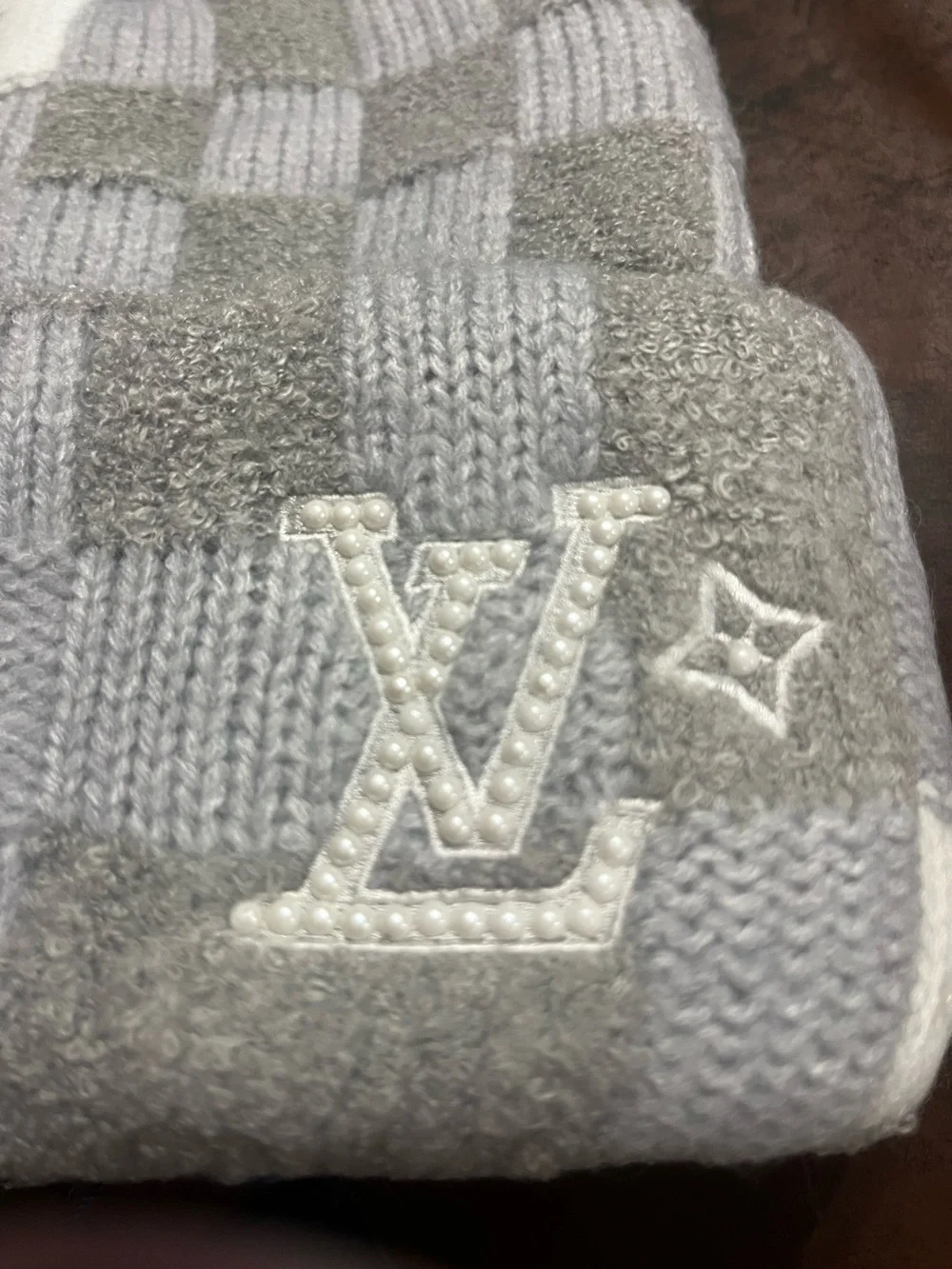 Louis. Vuitton. CRUSH Pearls Light Gray Beanie Hat